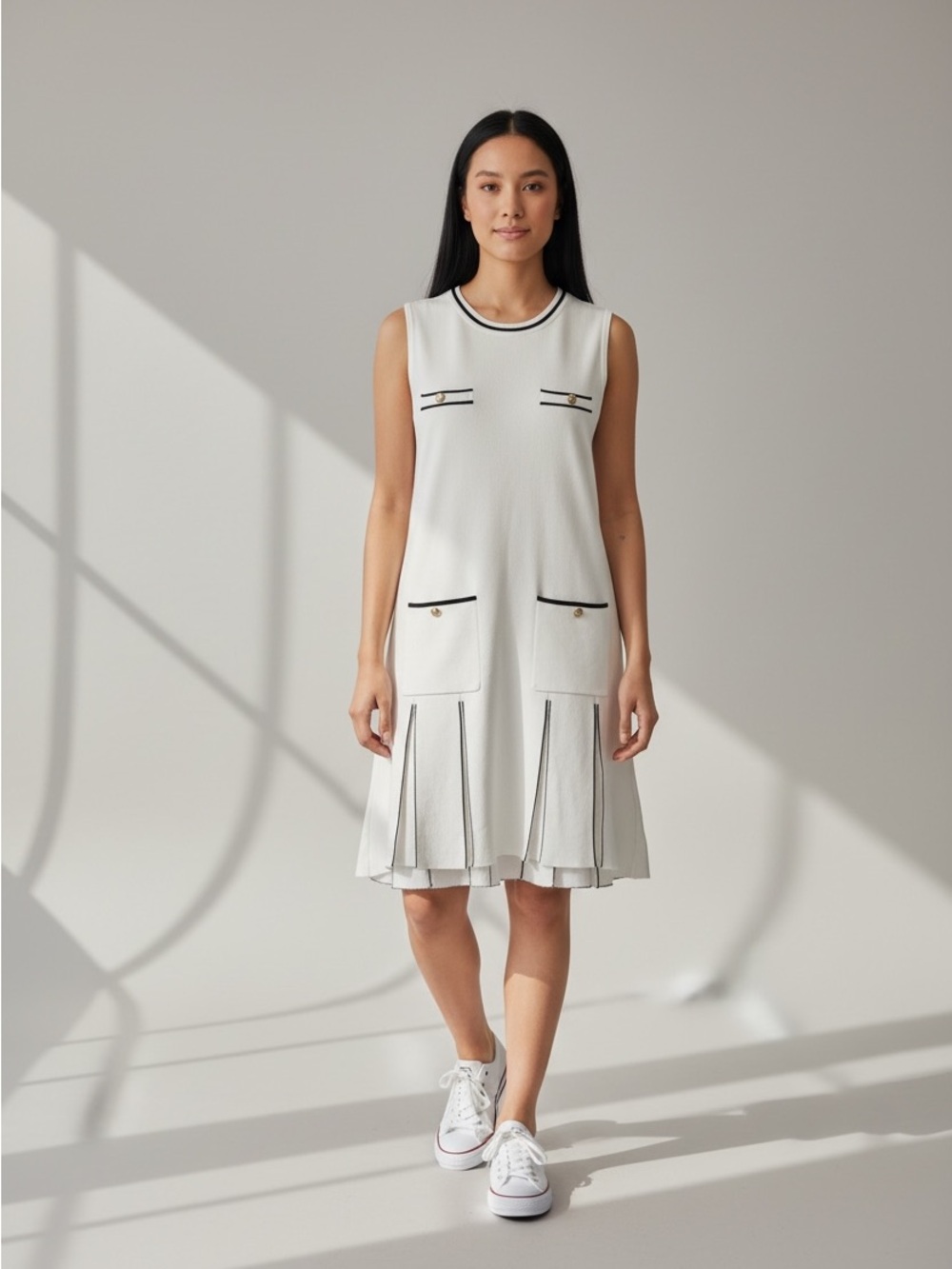 Active Basic Sleeveless White Knit Dress with Black Trim